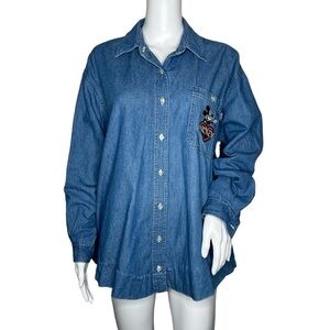 Vintage Mickey Mouse Unlimited Embroidered Button Up Denim Blue Jean Shirt